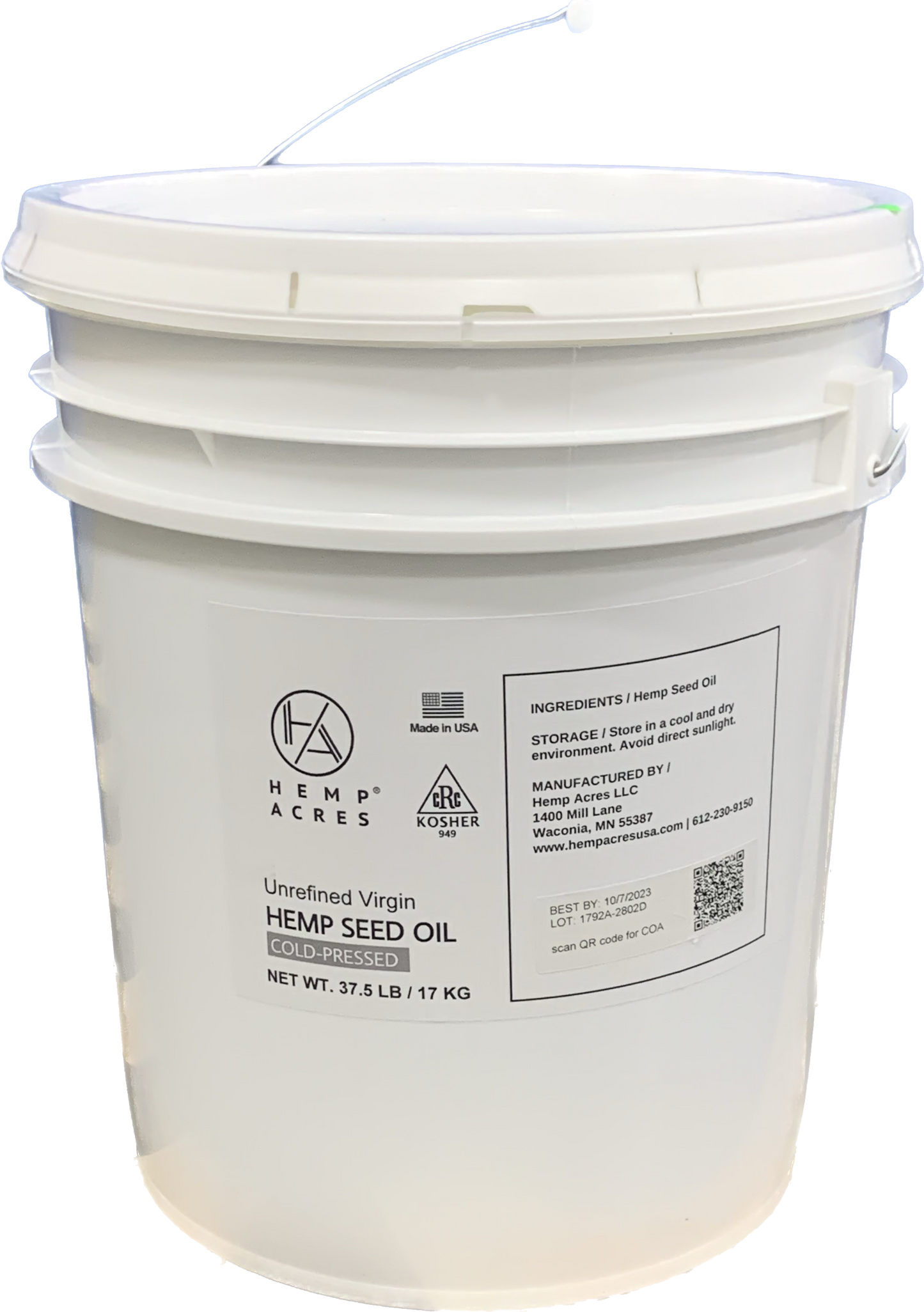 A 5 gallon white food-grade pail of Hemp Acres branded cold-pressed hemp seed oil