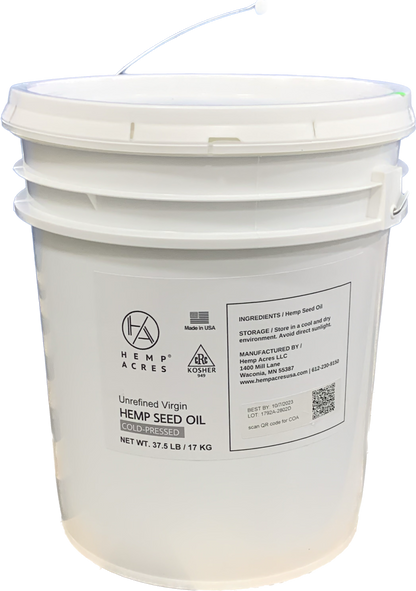 A 5 gallon white food-grade pail of Hemp Acres branded cold-pressed hemp seed oil