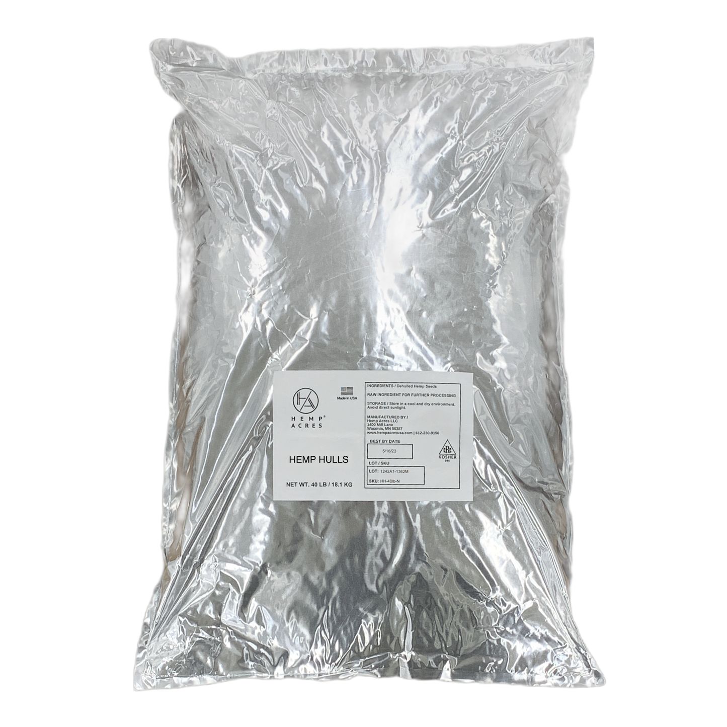 A metallized silver bag containing 20 pounds of hemp hulls.