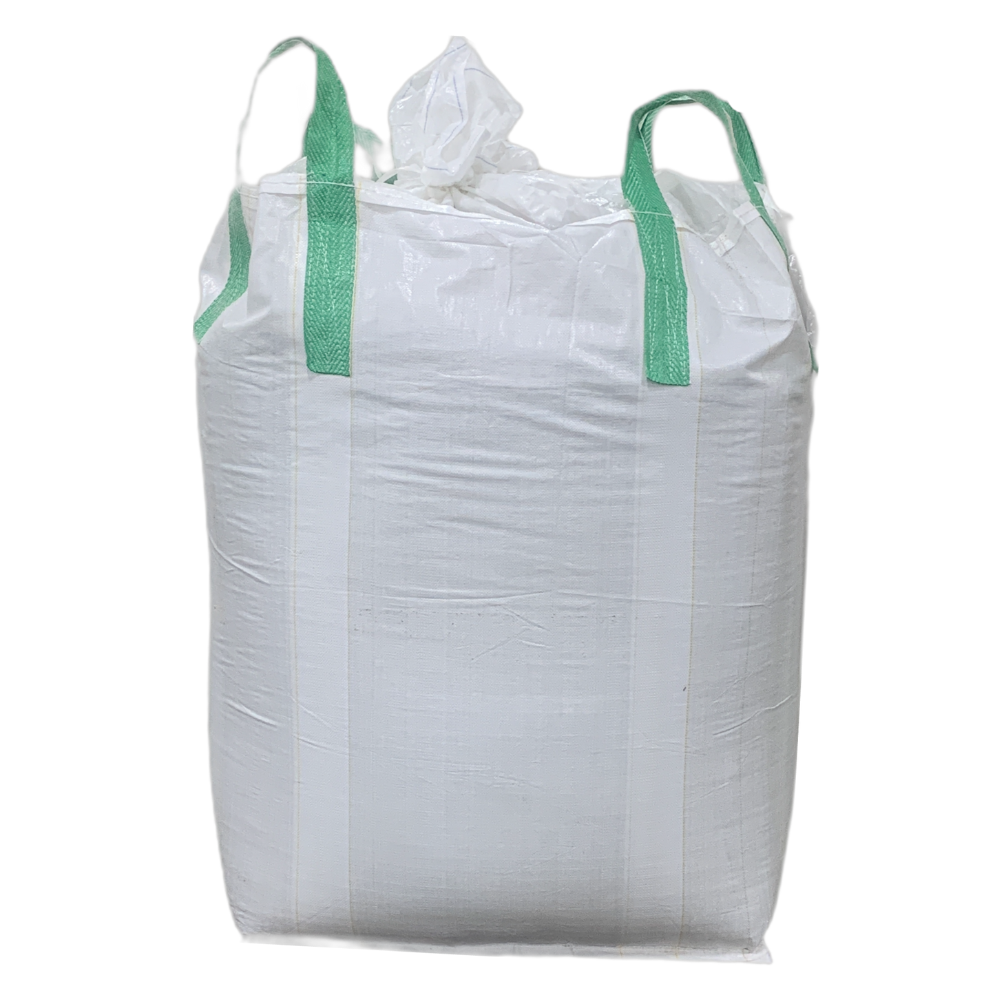 A large white woven plastic bulk bag filled with hemp hulls