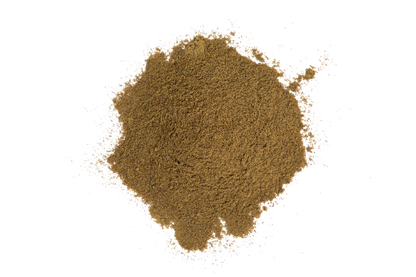 a pile of hemp protein powder which is 45% protein, a fine powder with a brown hue